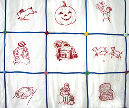 One Hundred Pictures Redwork Quilt